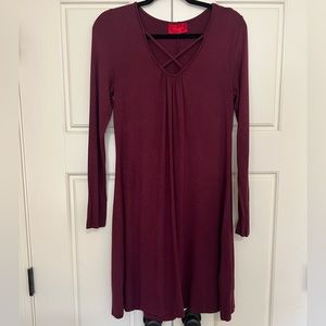 JENNIFER LOPEZ Burgundy Jersey Long Sleeve Swing Dress
